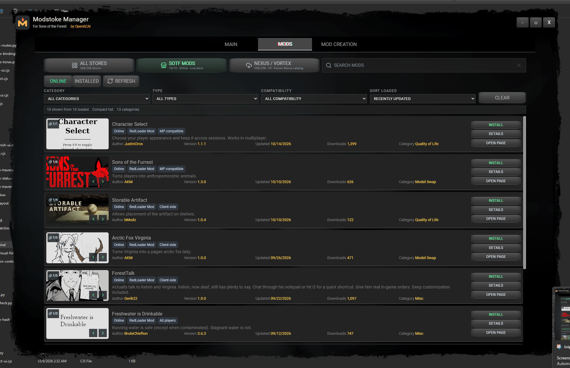 Actual Modstoke Manager interface showing the Sons of the Forest mod catalog, search, compatibility filters and mod details.